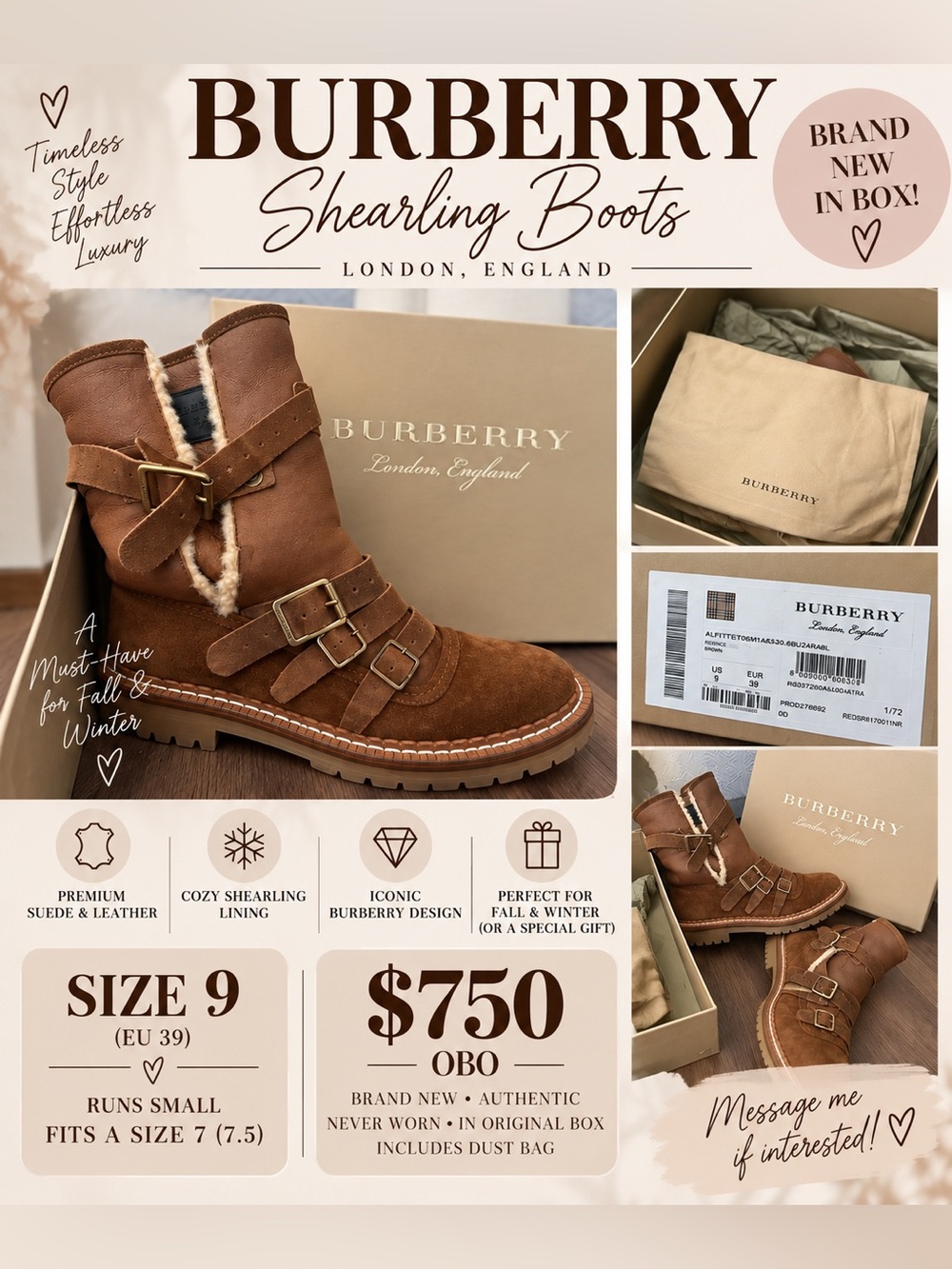 Burberry Tan Brown Suede & Leather Buckle Shearling Boot